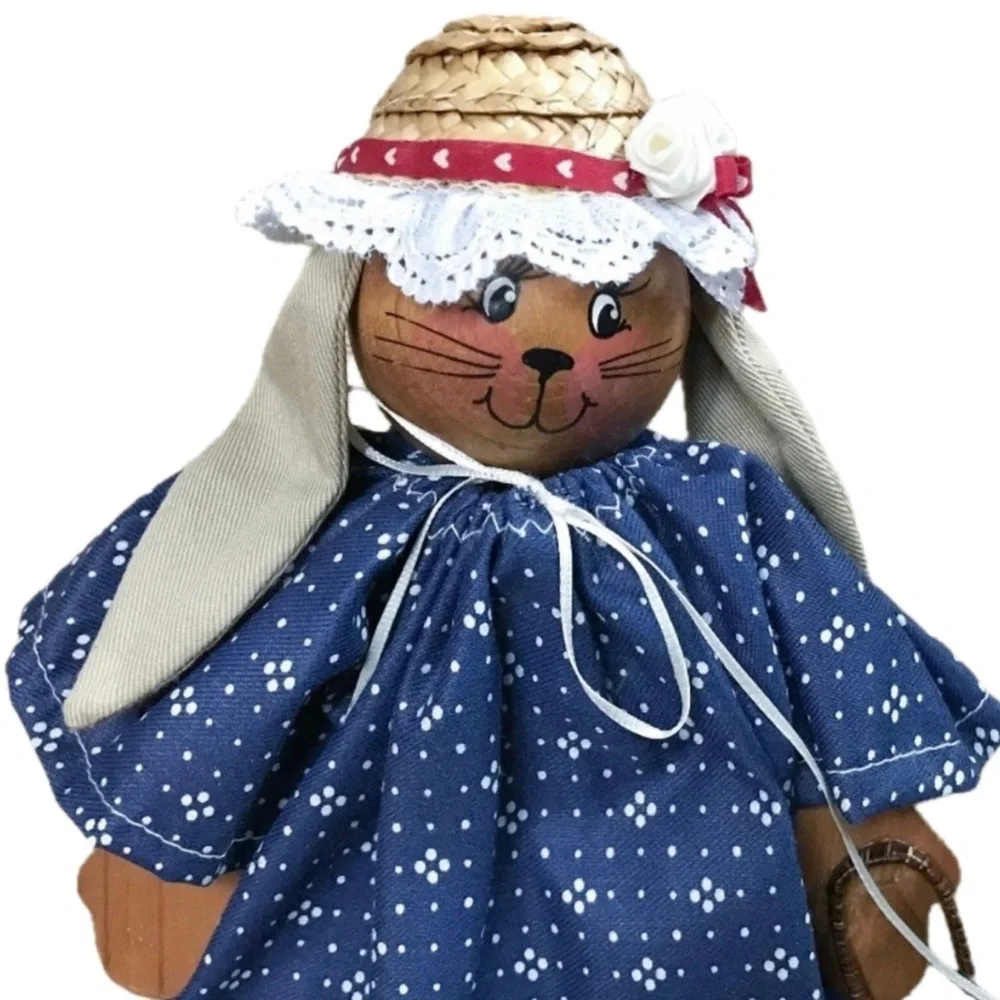 Country Bunny Wood Figure Decoration Lady Rabbit Farmhouse Rustic Cottage Charm